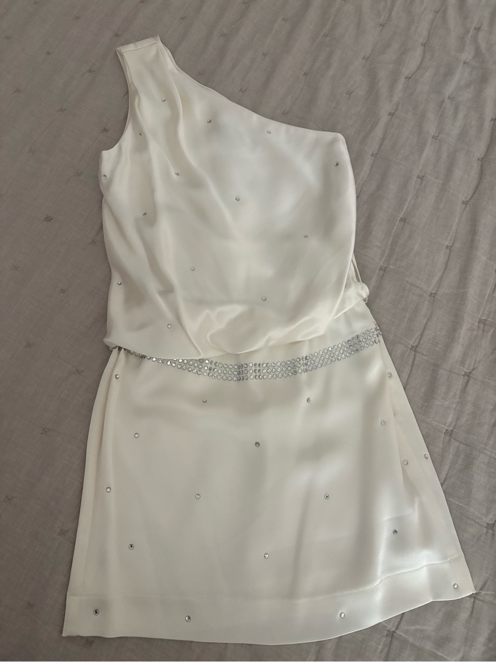 ABS Ivory One-Shoulder Mini Dress with Crystal Belt